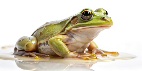 A khaki colored frog is sitting alone on a white background with a puddle of dripping slime beneath it, khaki frog, isolated frog, ground texture, aquatic life