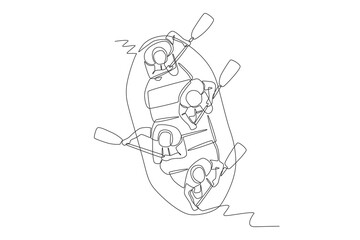 Group enjoying white water rafting. River rafting concept one-line drawing