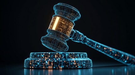 Holographic gavel made of data streams, symbolizing modern law and technologys role in global justice systems