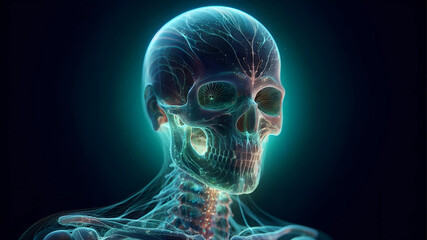 A close-up digital animation of a glowing human skull.