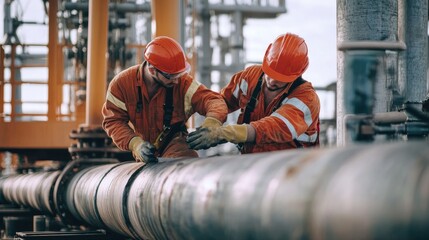 Two men working together on a large pipe
