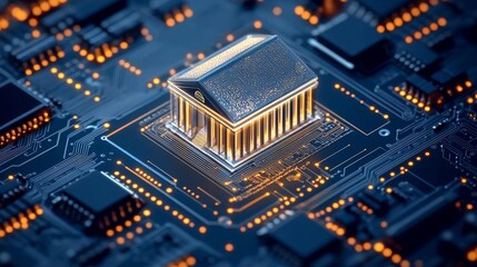 3D holographic banking institution made of light, integrated into a hightech circuit board, symbolizing the future of online banking