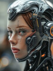 A woman with a robotic face and a helmet is depicted in the image. The woman's face is made up of metal and has a robotic appearance, giving her a futuristic and otherworldly look