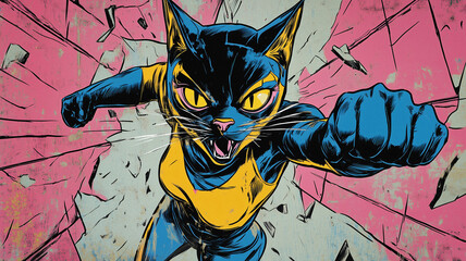 pop art style superhero cat illustration