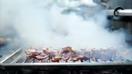 Sizzling bacon on a grill with smoke rising, showcasing a cooking scene in a kitchen.