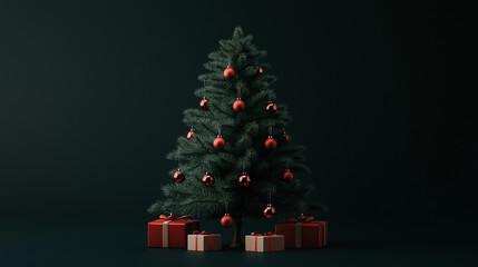 Obraz premium 3d wild green Christmas tree with wooden ornaments like red presents