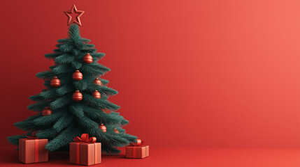 3d wild green Christmas tree with wooden ornaments like red presents