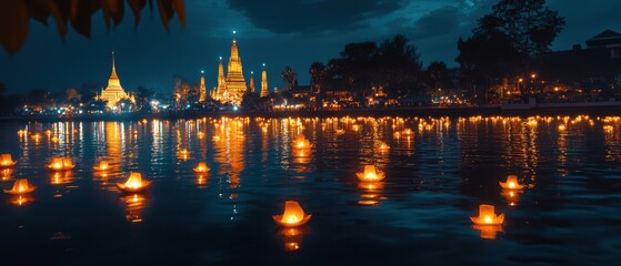 Obraz premium Bright krathongs with flowers, , creating a colorful reflection on the water. symbolizing peace and blessings during Loy Krathong. Traditional Thai music.