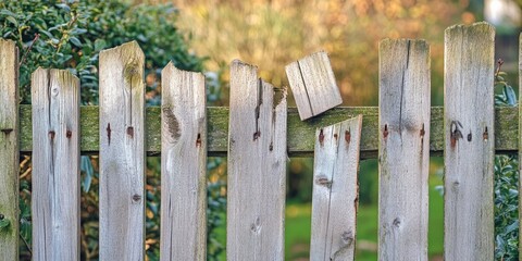 Close-up of a wooden fence in a garden, perfect for decorating or showcasing gardening ideas
