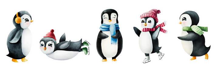 Cute smiling penguins. Christmas north animal, watercolor hand painted illustration isolated on background. For designers, decoration, shop, for postcards, wrapping paper, covers. For posters and text