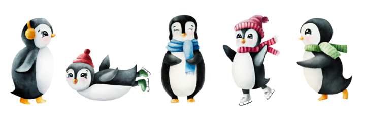 Cute smiling penguins. Christmas north animal, watercolor hand painted illustration isolated on background. For designers, decoration, shop, for postcards, wrapping paper, covers. For posters and text