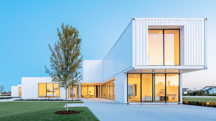 Obraz premium a white container coastal home, floor-to-ceiling windows