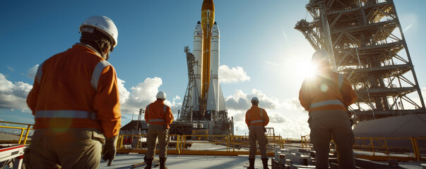 Wide angle view of surveyors observing rocket on launch pad, showcasing excitement and anticipation of space mission. scene captures teamwork and dedication involved in aerospace engineering