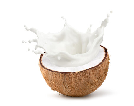 Coconut cut in half with milk splash isolated on white background.