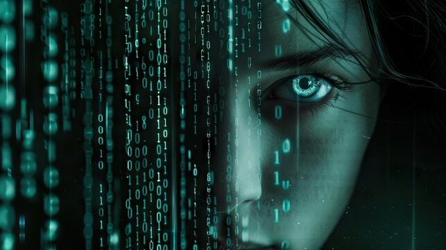 Digital AI Art  Female face with matrix numbers  dark background.