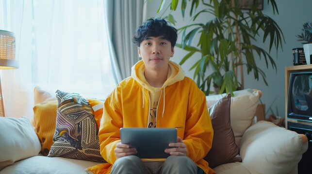 Asian non binary influencer shares mental health advice on webcam.