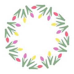 Colorful Tulips Circle shaped in trendy spring colors. Round Frame border with copy space. Template 