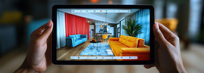 Modern living room design showcased on a tablet in a stylish interior setting