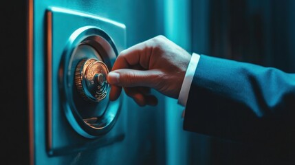 Naklejka premium Security Audit: Businessman Inspecting Safe Electronic Mail Protection