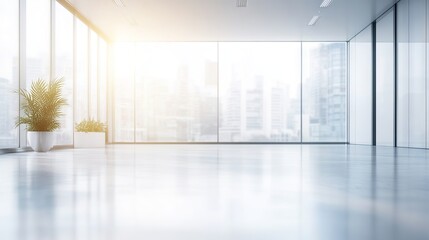 Fototapeta premium Blurred white open-plan corporate office interior with glass walls overlooking modern cityscape, symbolizing urban business lifestyle and modern architecture