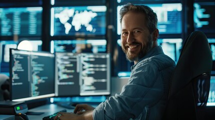 Fototapeta premium Professional programmer coding happily at work.