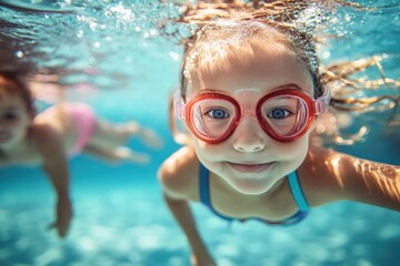 Naklejka premium Swim Lesson for Children: Group Learning, Kicking Techniques in Swimming Pool