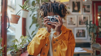 Smiling non binary person holding camera taking pictures in cafe