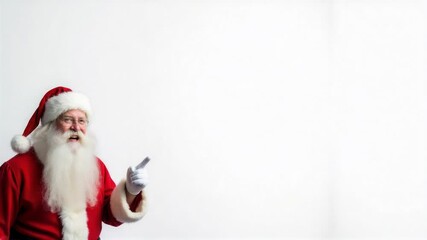 Santa Claus is joyfully pointing at a blank poster or sign, inviting attention to the space. Dressed in his classic red suit with a white beard and Santa hat, he stands in front of a plain background,