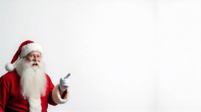 Santa Claus is joyfully pointing at a blank poster or sign, inviting attention to the space. Dressed in his classic red suit with a white beard and Santa hat, he stands in front of a plain background,