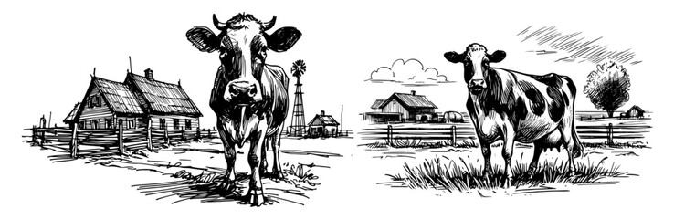 Detailed illustration of cow on farm with barns – black vector art © Luka