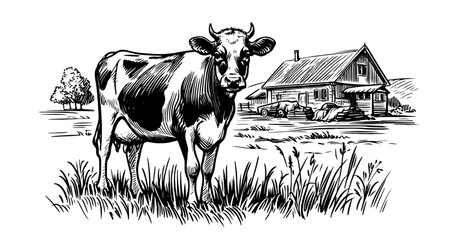 Rural landscape with grazing cow and traditional barns – black vector © Luka