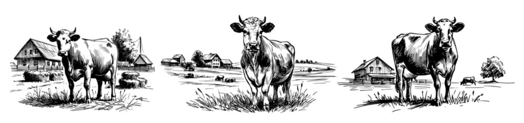 Farm animals and nature in rustic countryside – black vector drawing © Luka