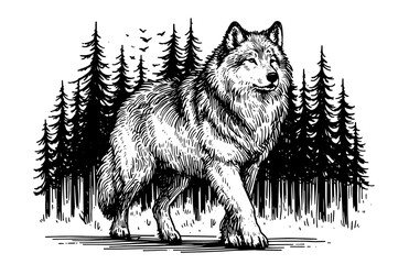 majestic wolf in forest setting, detailed black vector illustration © Luka