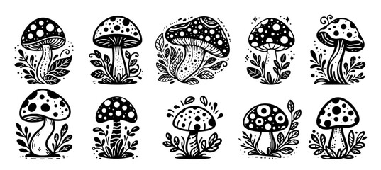 Botanical mushroom illustration set for woodland themes black vector