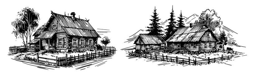 Rustic cottages on farmland with fences – black vector illustration