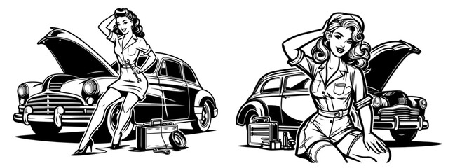 Classic pin-up automotive mechanics illustration &ndash; black vector