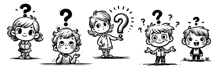 Set of confused cartoon children with question marks – black vector