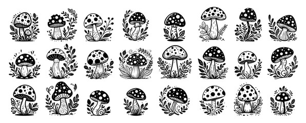Hand-drawn forest mushrooms in various designs black vector collection