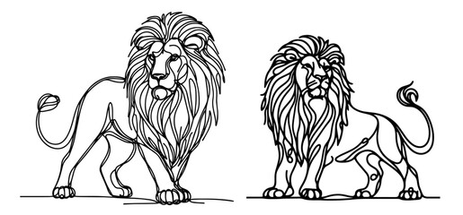 majestic lions in line art style, black vector illustration