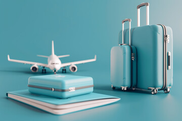 Obraz premium 3D-style artwork featuring baggage and airplanes on a passport with a blue backdrop. Suitable for travel agencies, blogs, flight promotions, and tourism marketing