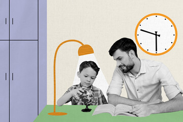 Composite trend artwork 3D sketch image photo collage of family father young man small boy do homework geography book clock time lesson © deagreez