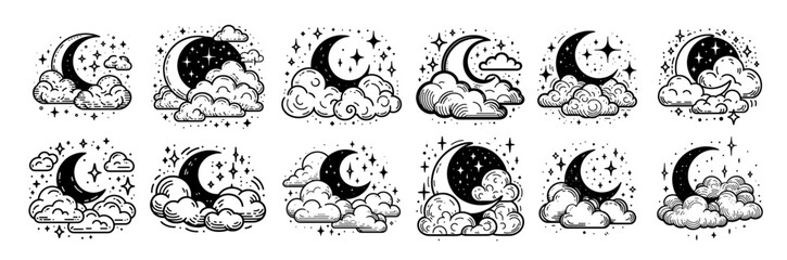 whimsical crescent moon surrounded by stars, black vector design