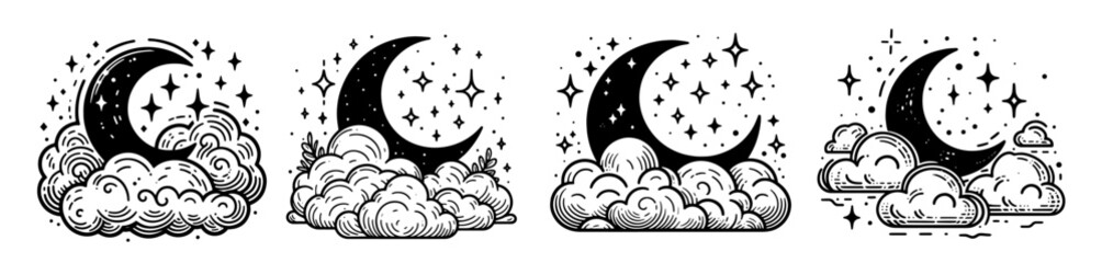 crescent moon with clouds and stars, black vector night scene