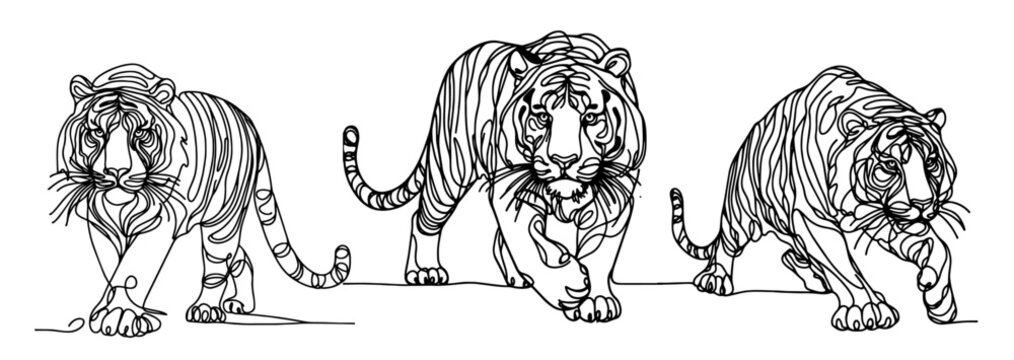 monoline style tiger illustration capturing motion and energy, black vector