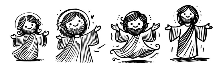 Sacred illustration of Jesus with open arms – black vector cartoon style