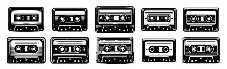 vintage cassette tape collection in black vector style, celebrating the nostalgia of classic music formats and retro aesthetics black vector
