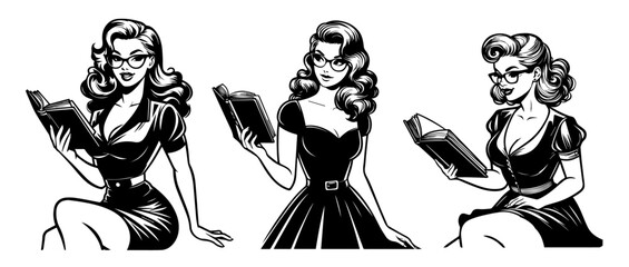 pin-up style sexy teacher character holding book, classic vintage look, black vector