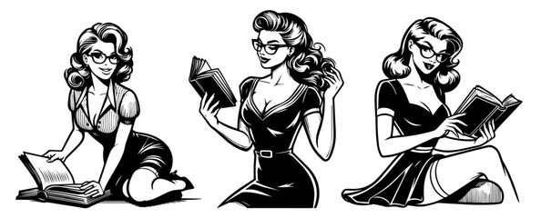 alluring pin-up style teacher holding a book, retro-inspired black vector illustration