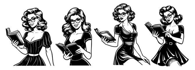 black vector of sexy retro pin-up teacher holding a book with a flirtatious pose