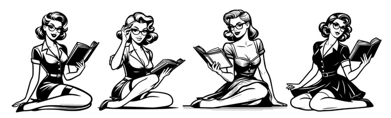 seductive pin-up girl teacher holding a book, styled in classic vintage fashion, black vector